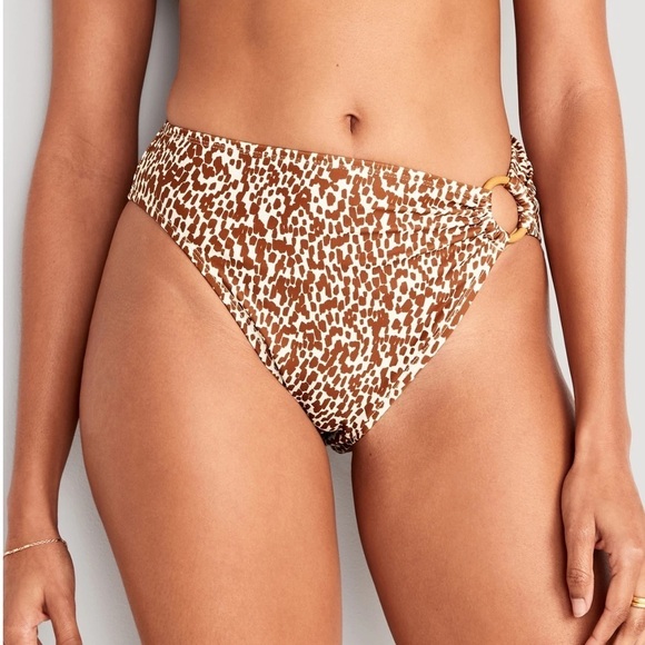 NWT! Brown Leopard Print Mid-Rise Printed O-Ring French-Cut Bikini Swim Small 💎 - Picture 1 of 7